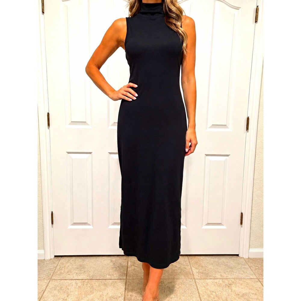 A New Day Women's Black Knit Sleeveless Turtleneck Midi Sheath Dress Stretch